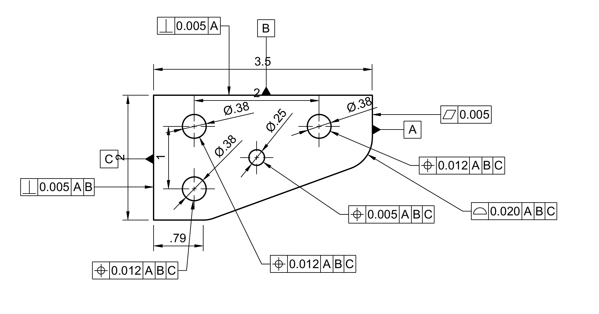 GD&T drawing of a plate part with datums A, B, C, position tolerances on four holes, perpendicularity, flatness, and a profile tolerance