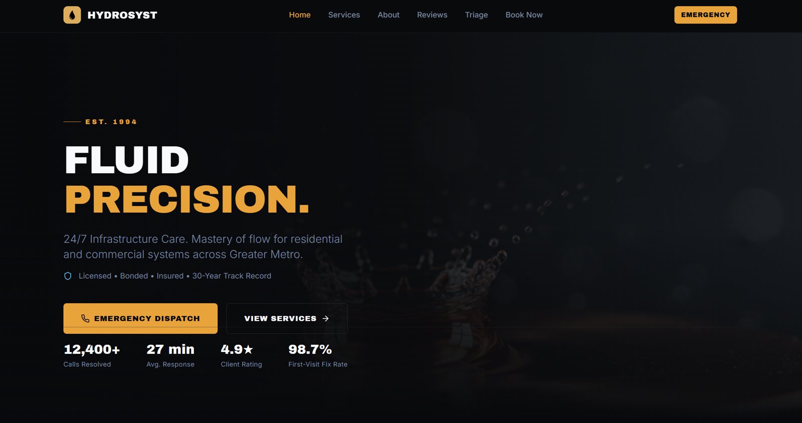 Hydrosyst prototype homepage with dark theme and an Emergency Dispatch button