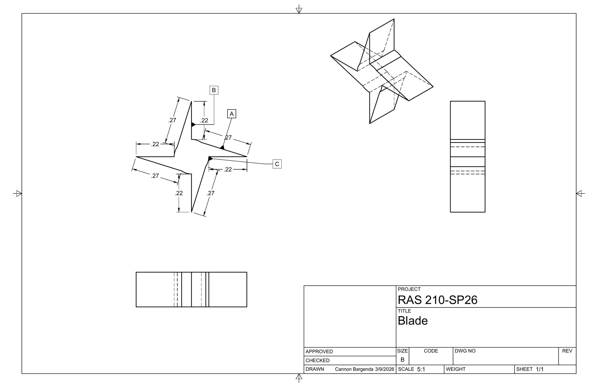 Technical drawing of the blade with dimensions, multiple views, and an isometric view