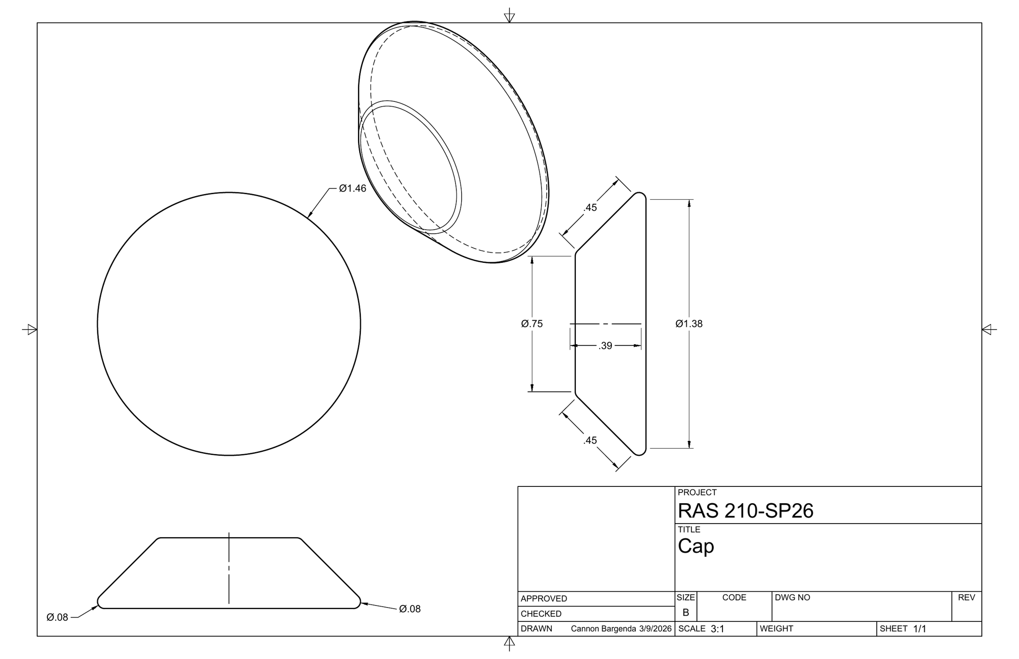 Technical drawing of the cap with diameters and an isometric view