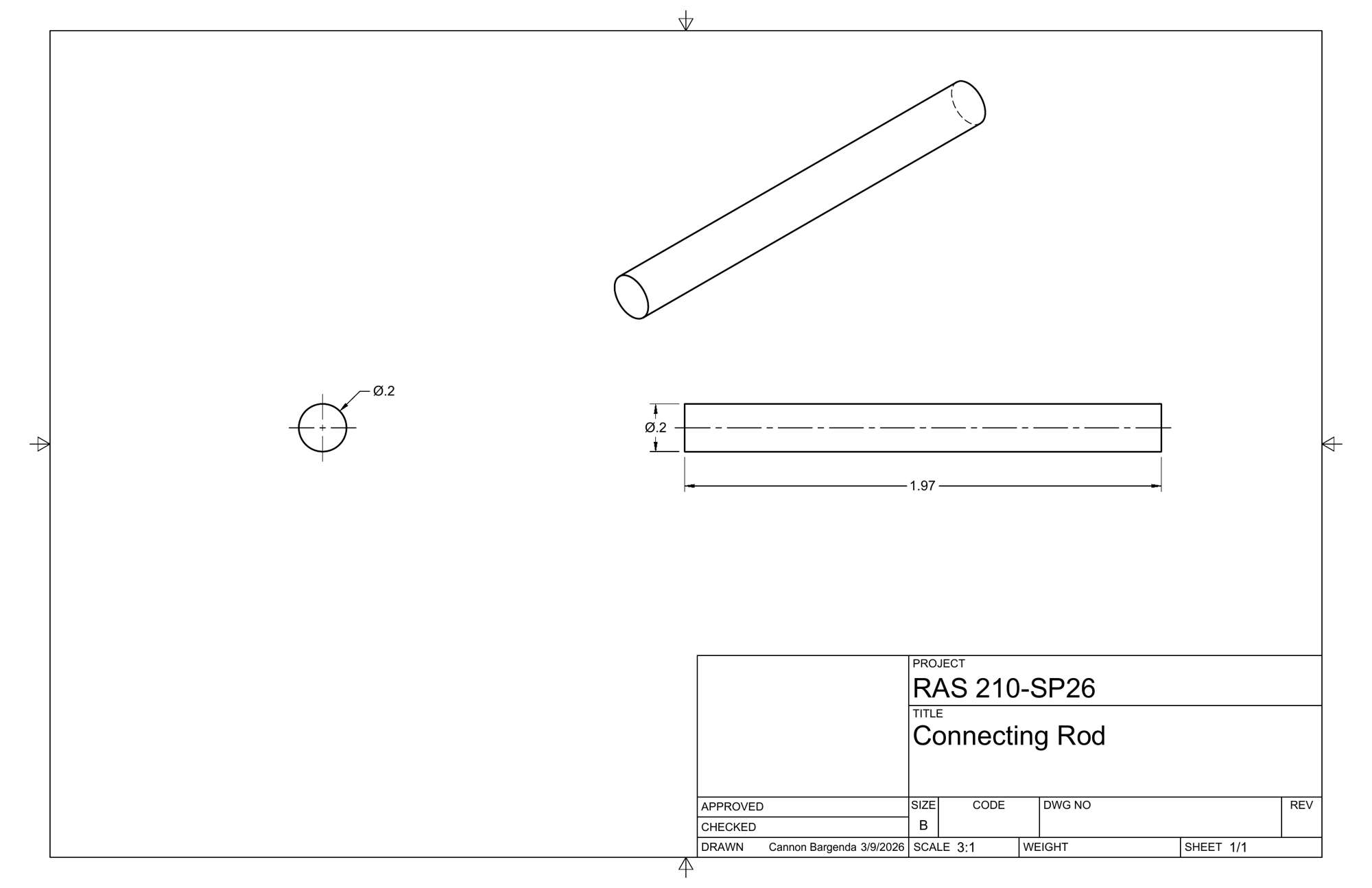 Technical drawing of the connecting rod, 0.2 diameter by 1.97 long
