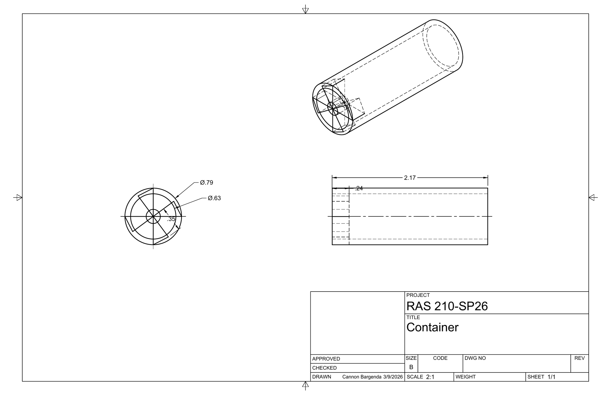 Technical drawing of the container with hidden lines and an isometric view