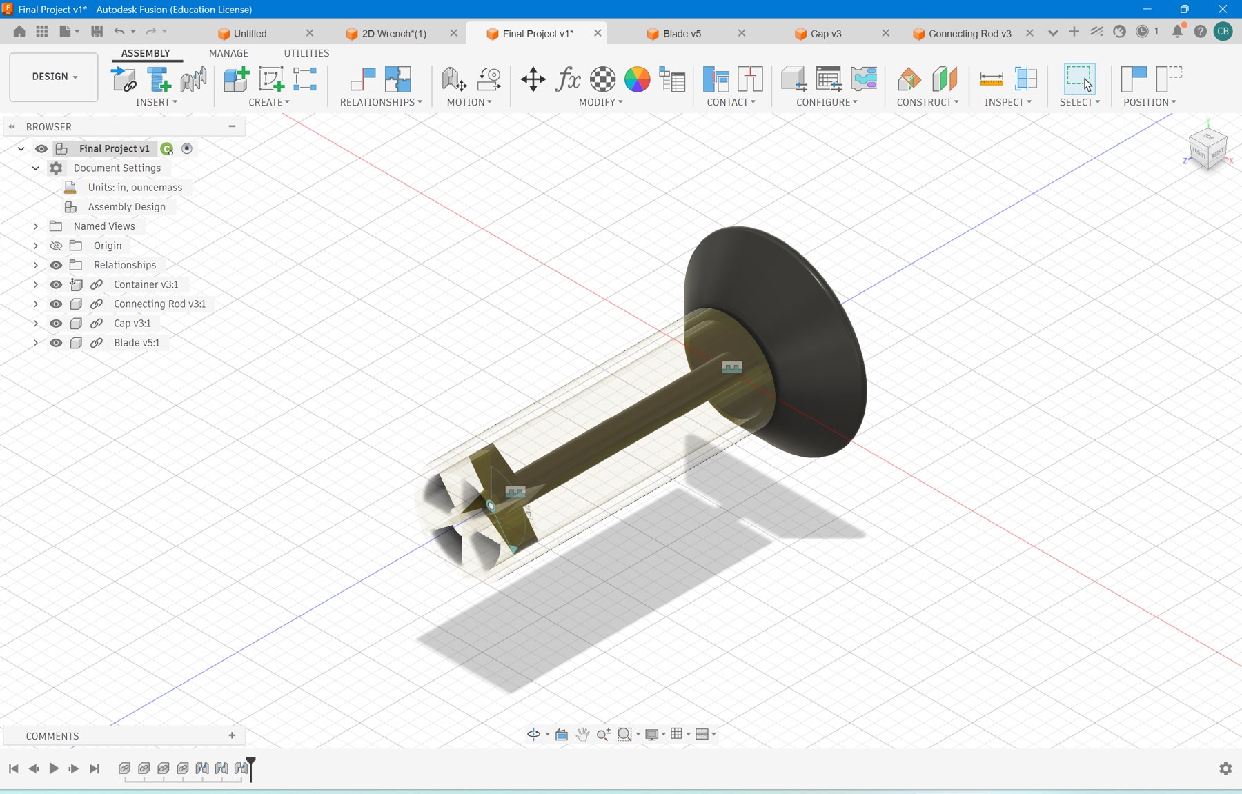 Screenshot of the Autodesk Fusion assembly workspace showing the salt shaker with linked components listed in the browser
