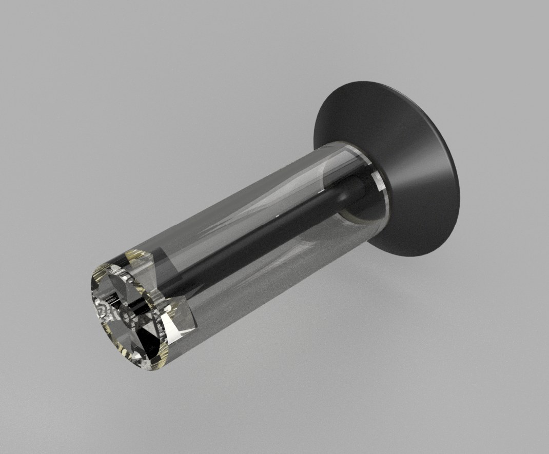 Photorealistic Fusion render of the twist-cap salt shaker: a black conical cap, a transparent cylindrical container, and the internal connecting rod and blade