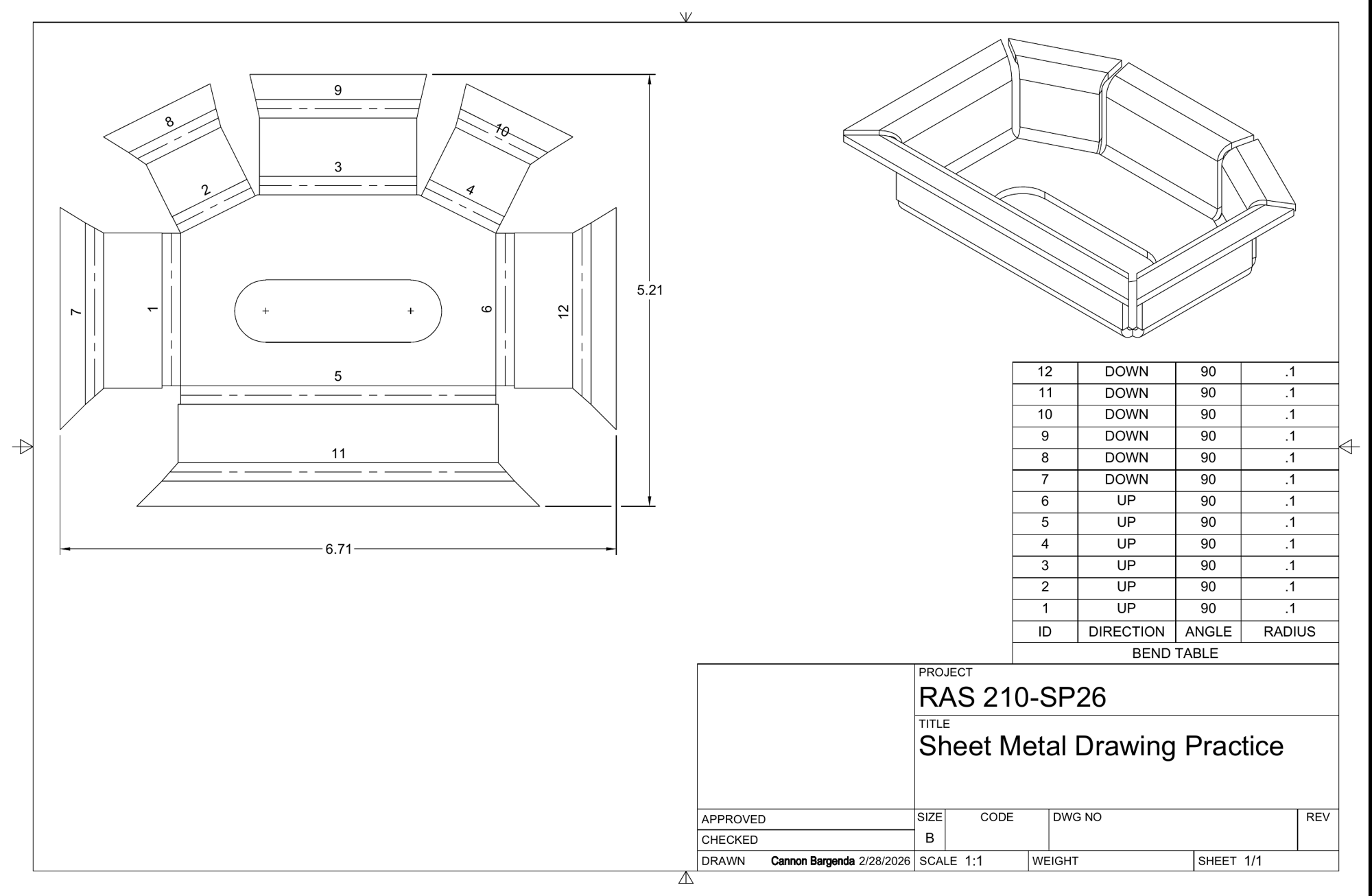 Sheet metal drawing with a dimensioned flat pattern, an isometric view of the formed part, and a bend table listing 12 bends