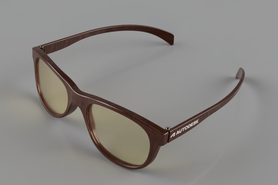 Photorealistic render of sunglasses with a dark wood-grain frame and amber lenses