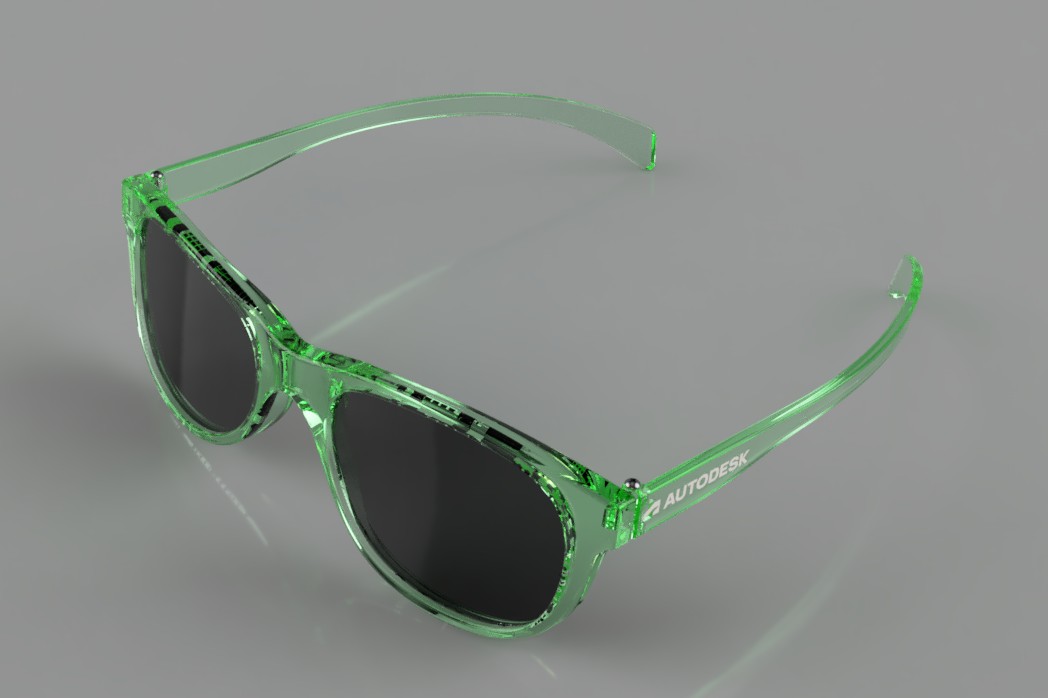 Sunglasses render, translucent green frame with dark lenses
