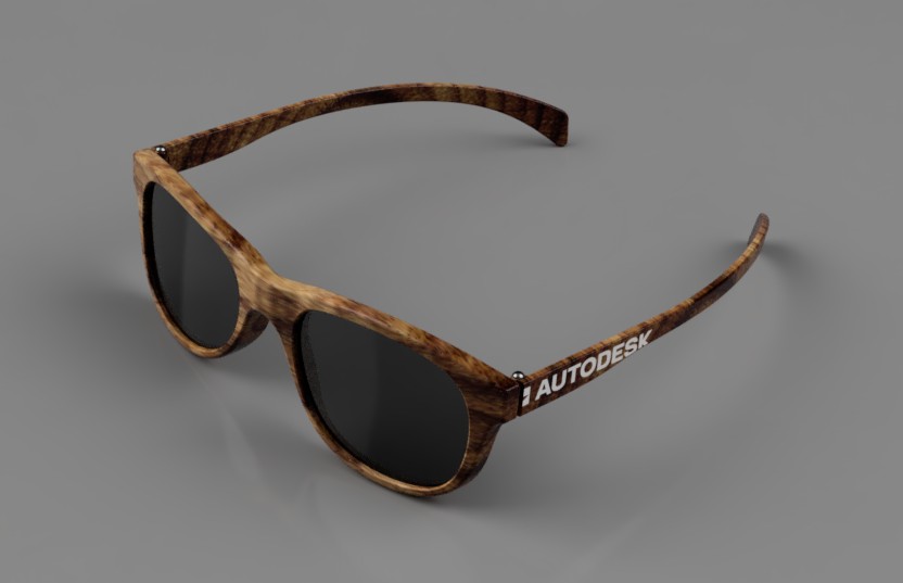 Sunglasses render, light wood finish with dark lenses