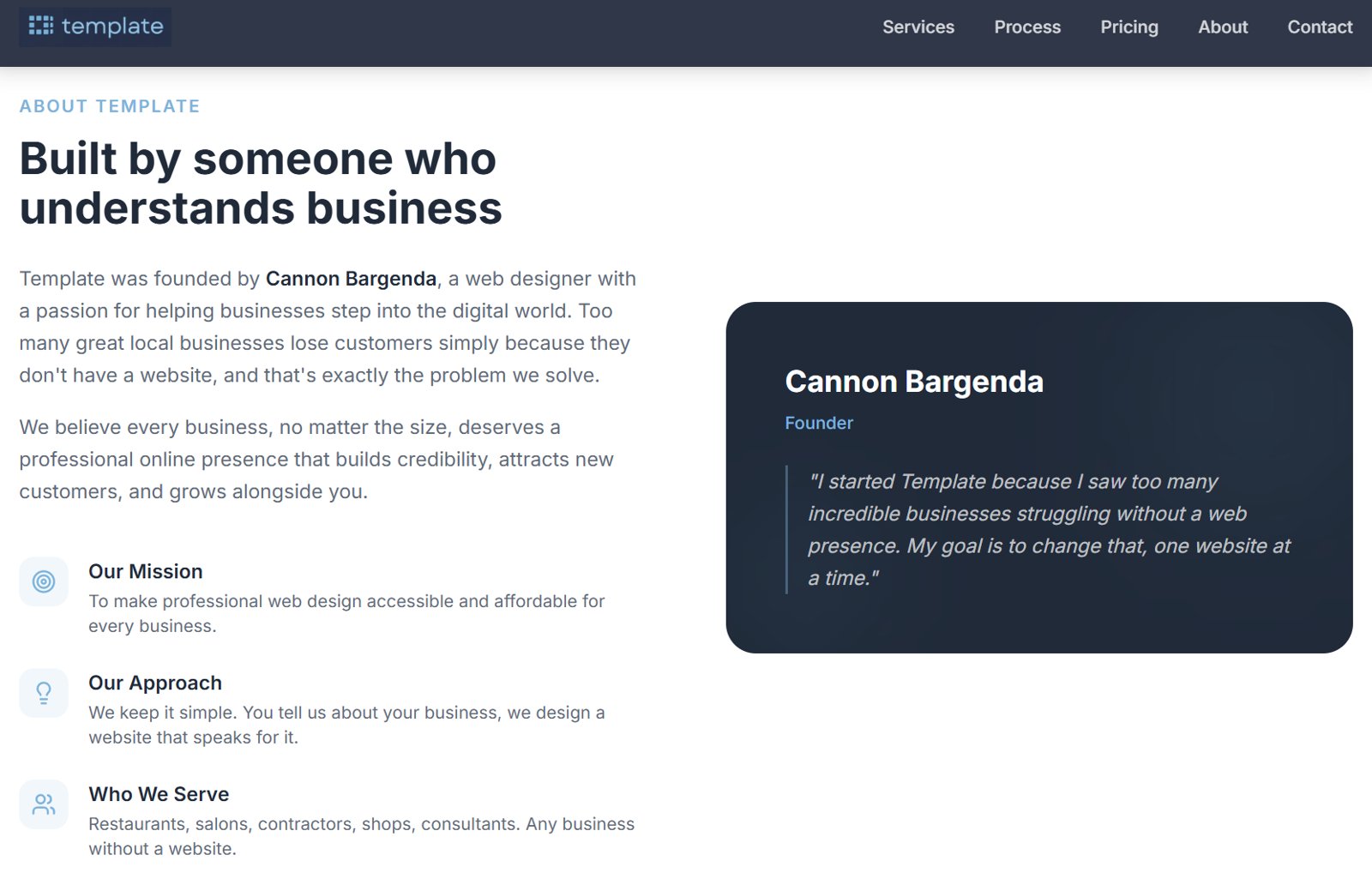 Template LLC about section with founder profile