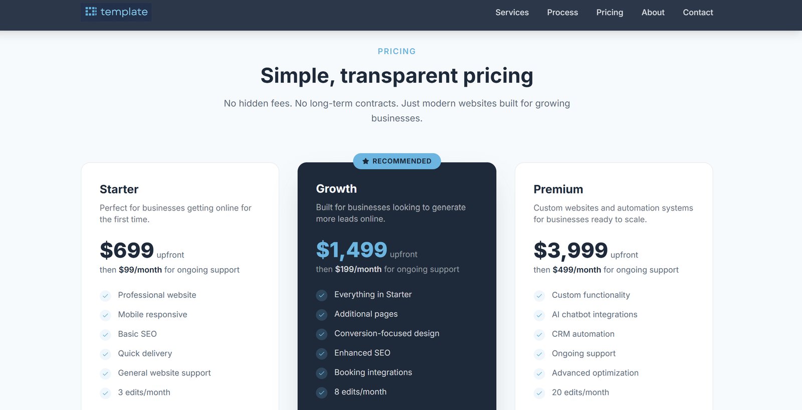 Template LLC pricing section with Starter, Growth, and Premium plans
